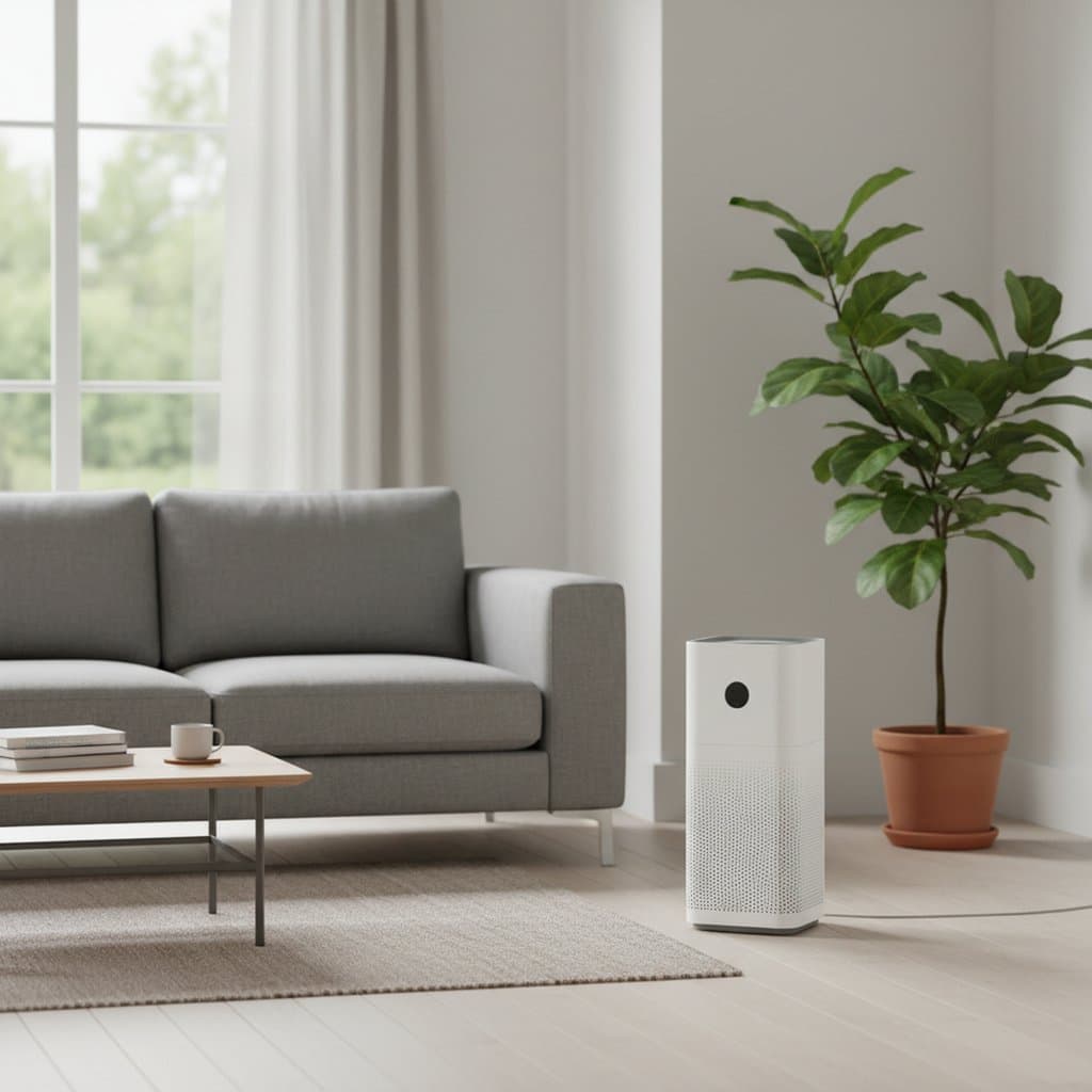 Tower air purifier standing beside a sofa in a UK living room