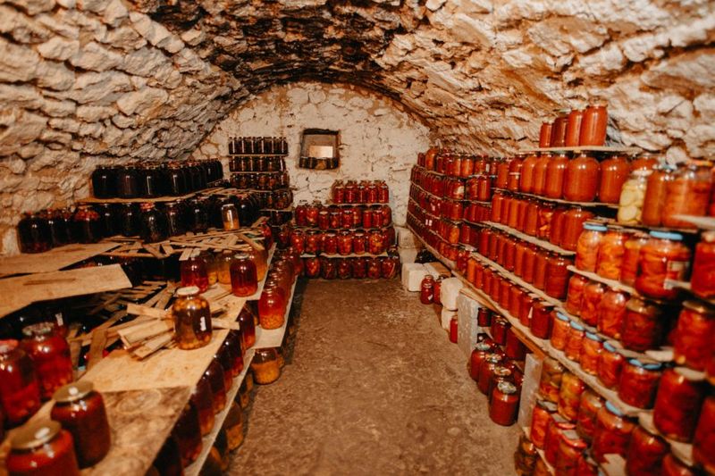 A stone cellar with shelves of stored jars